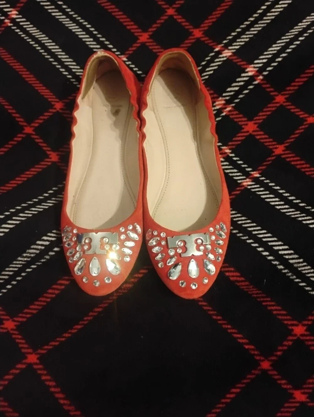 Women's Red Suede Tory Burch Ballet Flats With Sparkling Rhinestones Size 9